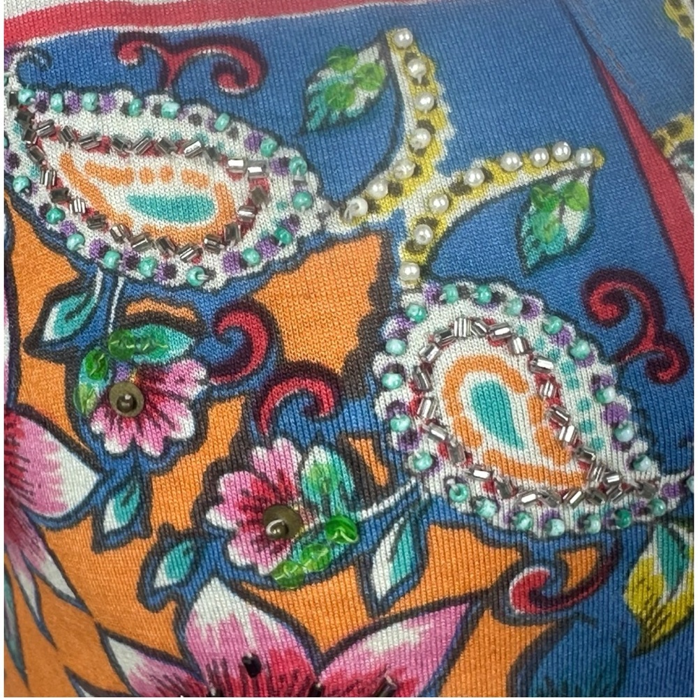 Derhy Small Button Down Shirt Top 3/4 Roll Sleeves Embellished Vacation Colorful - Picture 7 of 11